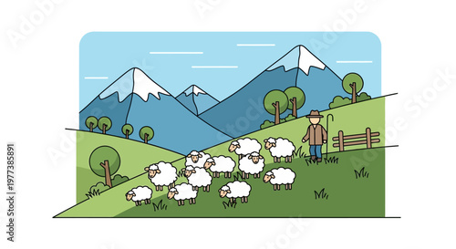 Cartoon Sheep Grazing on a Green Hillside with Shepherd Nearby