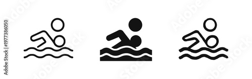 Swimming icon set showing a person in water with outline, silhouette, and hand-drawn styles for sports themes.