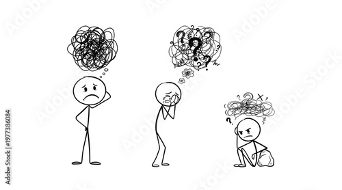 Φωτογραφία Three Stick Figures Confused, Sad, and Burdened Isolated on Transparent Background