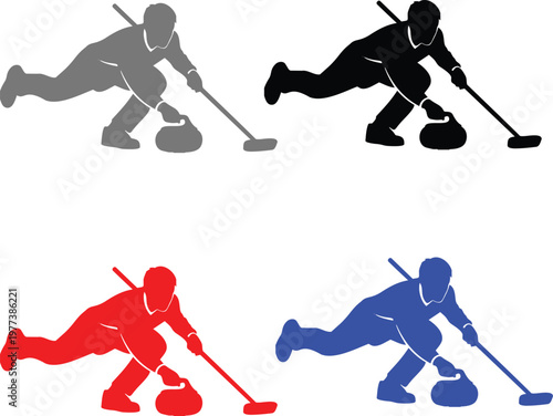 Curling player silhouette in action, multiple color options on checkered background