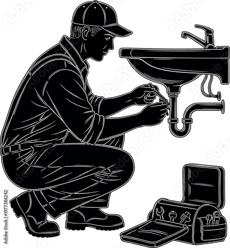 Title a black and white illustration depicts a plumber working diligently under a bathroom sink fixing pipes