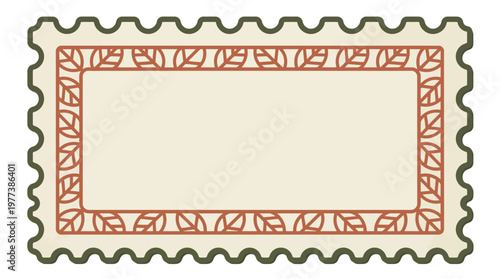 Empty postage stamp with a decorative leaf border and serrated edges