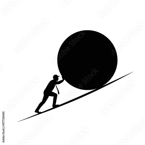 Person pushing large circle uphill with effort and determination on a slope