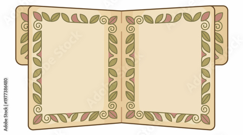 Vintage decorative open book with ornate floral borders and blank pages