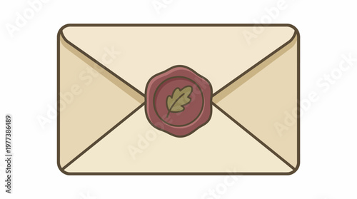 Envelope with wax seal illustration, vintage letter with oak leaf emblem