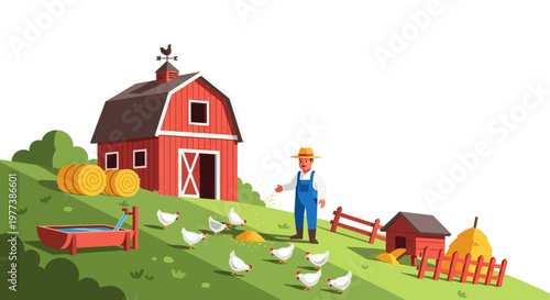 Cartoon Farmer in Overalls Feeding Chickens on a Green Farm Scene