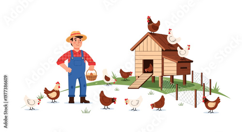 Cartoon Illustration of a Farmer with Chickens and a Chicken Coop