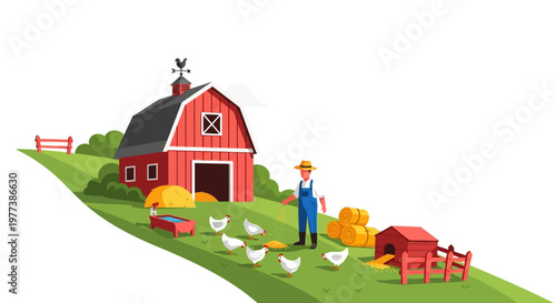 Vector Illustration of a Farmer Feeding Chickens Near Barn