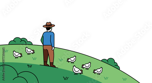 Farmer Observing Chickens on Green Hillside, Simple Cartoon Illustration Style