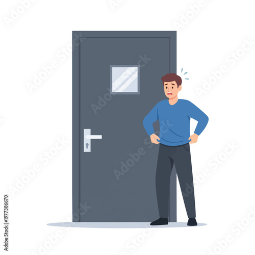 Man Standing Hesitantly Before Closed Door.