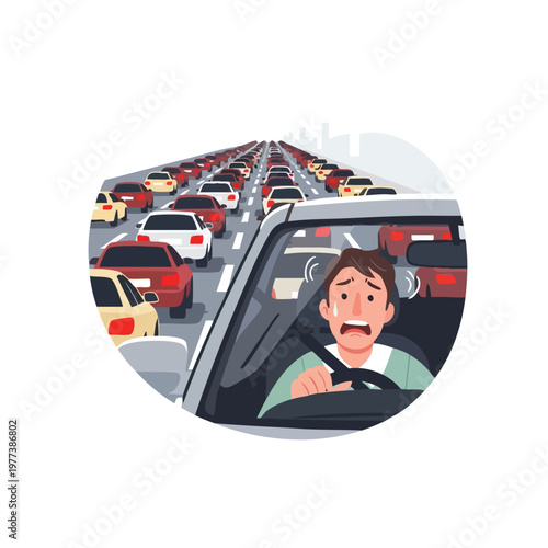 Man stressed in traffic jam on highway.
