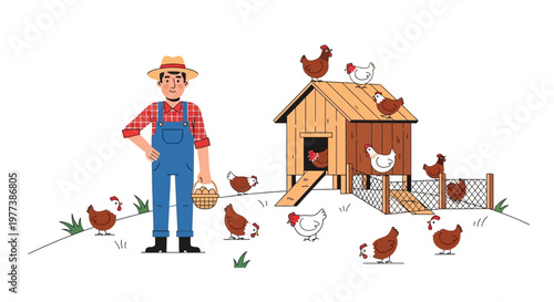 Cartoon Illustration of a Farmer with Chickens and a Chicken Coop