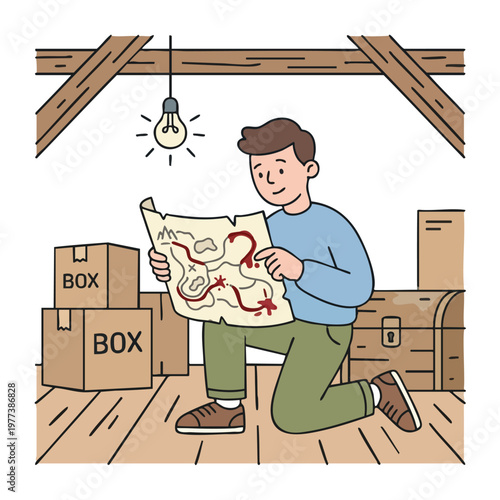 Man Studying Old Treasure Map in Attic.