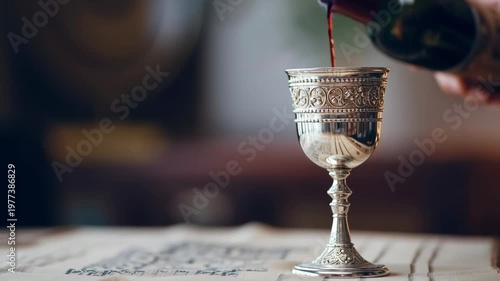 Silver kiddush cup with red wine pouring, jewish ritual shabbat blessing close up, warm indoor ceremonial table mood