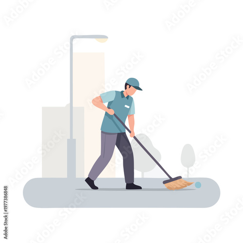 Man sweeping street with broom cleaning sidewalk.
