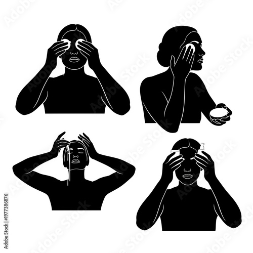A set of black silhouette illustrations of a woman performing various skincare routines