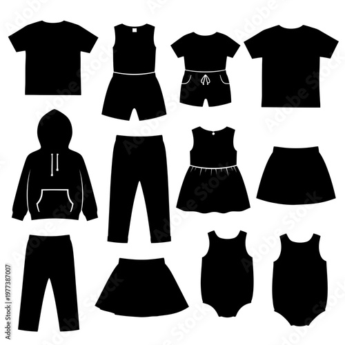A collection of black silhouettes of various clothing items on a white background