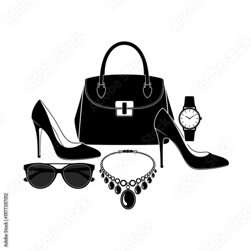 A stylish collection of women's accessories including a handbag, high heels, jewelry, and watch in a minimalist vector illustration