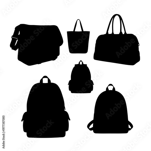 A set of black silhouettes of various bags and backpacks on a white background