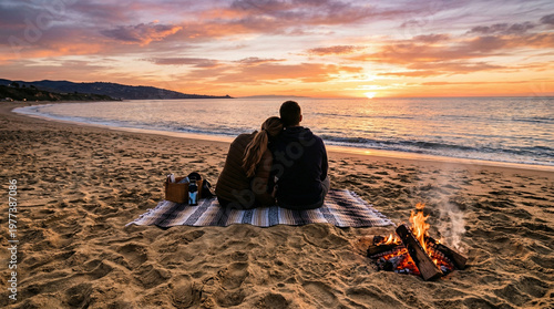 Man and woman sitting on a blanket by a beach bonfire watching the ocean sunset, romantic evening, cozy outdoor date, seaside camping, winter getaway.