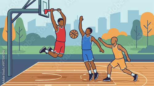 Three men playing basketball, one dunking, on an outdoor court
