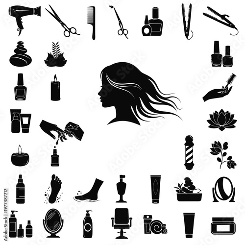 A collection of black silhouette icons representing various beauty and hair care tools and products