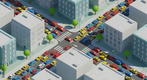 Busy city intersection with heavy traffic jam and cars.