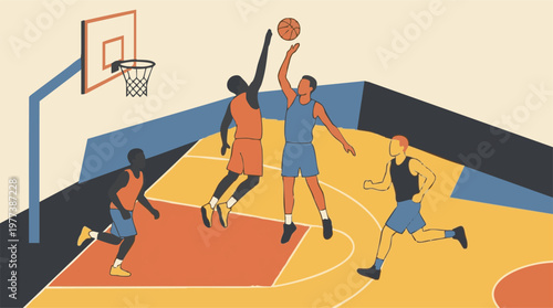 Minimalist illustration of basketball players in action on a court
