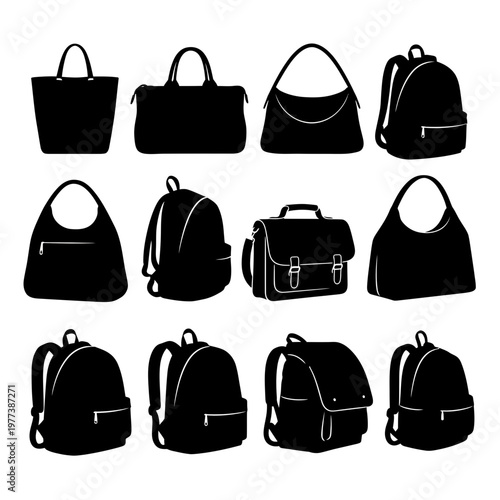 A collection of black silhouettes of various handbags and backpacks on a white background