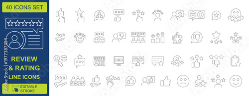 Review and rating line icons set, 40 customer feedback and star ranking vector elements, editable stroke business reputation symbols