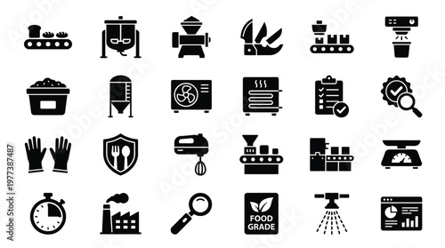 Black Food Factory Icons on White Background
