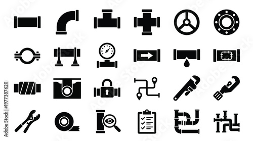 Black Plumbing Icons on White Background