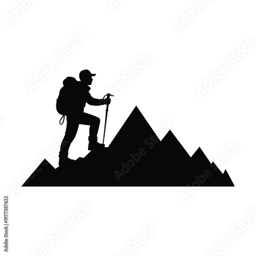 Hiker with backpack and trekking pole climbing mountain peaks silhouette graphic