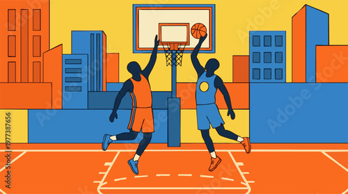 Dynamic basketball players in action on an urban court illustration