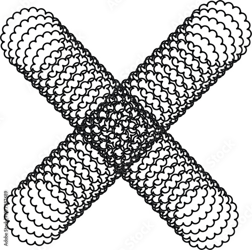 Black and White Scalloped Layered Cross Element. Intricate Intersecting Wavy Line Art Pattern