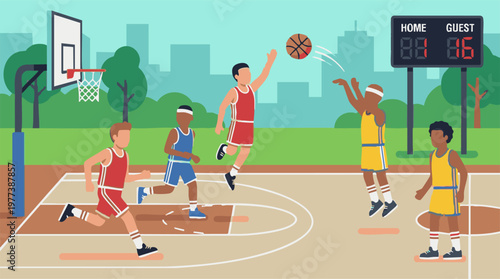 Young men playing an energetic basketball game on an outdoor court