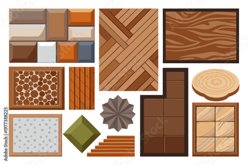 A collection of various flooring designs and patterns in a vector graphic illustration