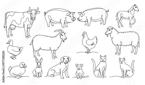 Continuous line farm animals icons set with cow pig horse sheep and poultry minimal vector illustration