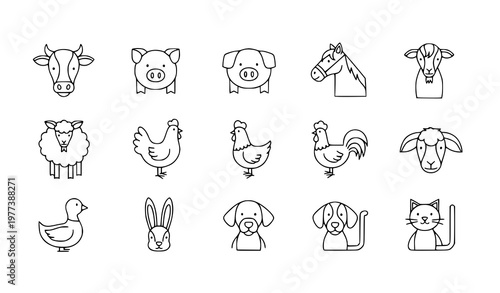Farm animals line art icons set with cow pig horse sheep and poultry outline vector collection