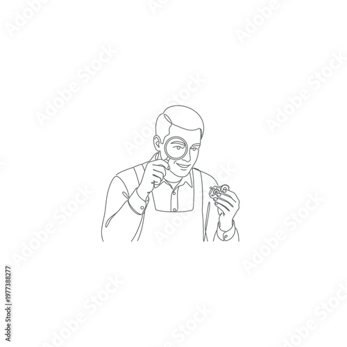 Man looking through magnifying glass closely.