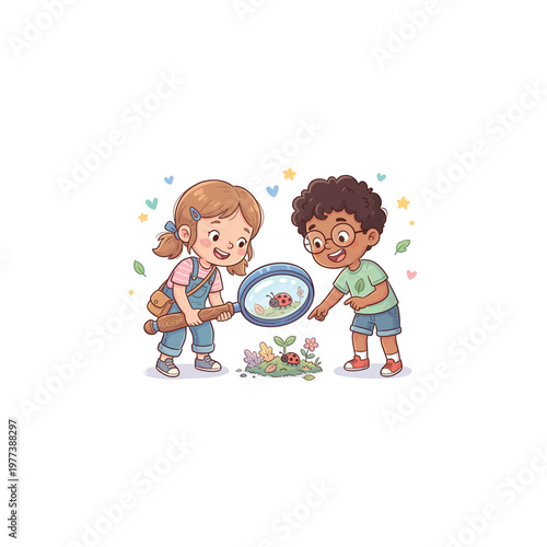 Two children examining a bug closely.