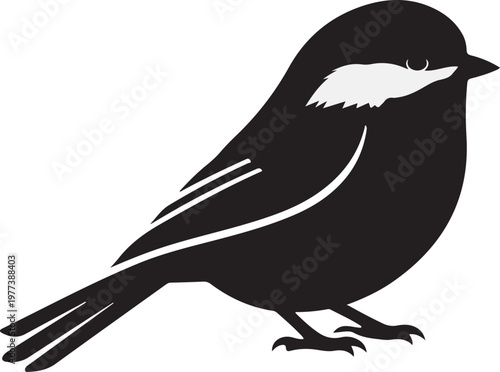 Black and white vector illustration of a chickadee silhouette with detailed feathers and beak sitting on a tree branch in a minimalist nature art design
