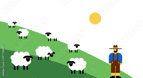 Stylized Farmer Watching Sheep Grazing on a Green Hillside Under Sun