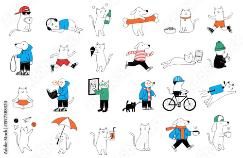 Humorous cats drawn with sketch-style outlines. Adorable hand-drawn sketches of dogs and cats. Everyday scenes of pets and rough, sketch-style line art. Hand-drawn style vector illustrations set again