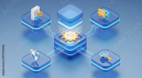 3d isometric workflow automation engine illustration with documents communication search security and connected process orchestration 
