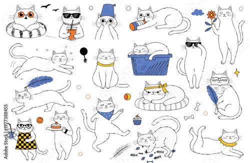Humorous cats drawn with sketch-style outlines. Adorable hand-drawn sketches of dogs and cats. Everyday scenes of pets and rough, sketch-style line art. Hand-drawn style vector illustrations set again
