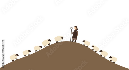 Simple Illustration of a Shepherd with Sheep on a Brown Hillside