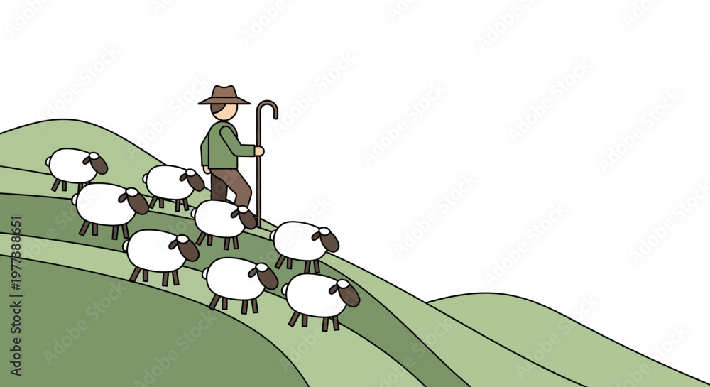 Fototapeta premium Simple Illustration of a Shepherd with Sheep on a Green Hillside