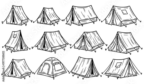 A collection of various tent designs in a simple line art style