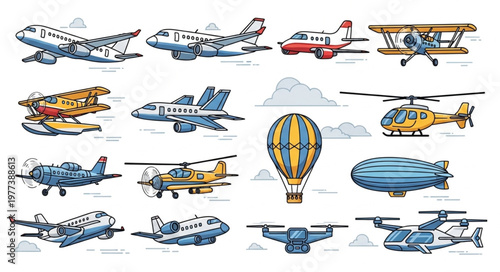 Collection of various aircraft and flying machines.